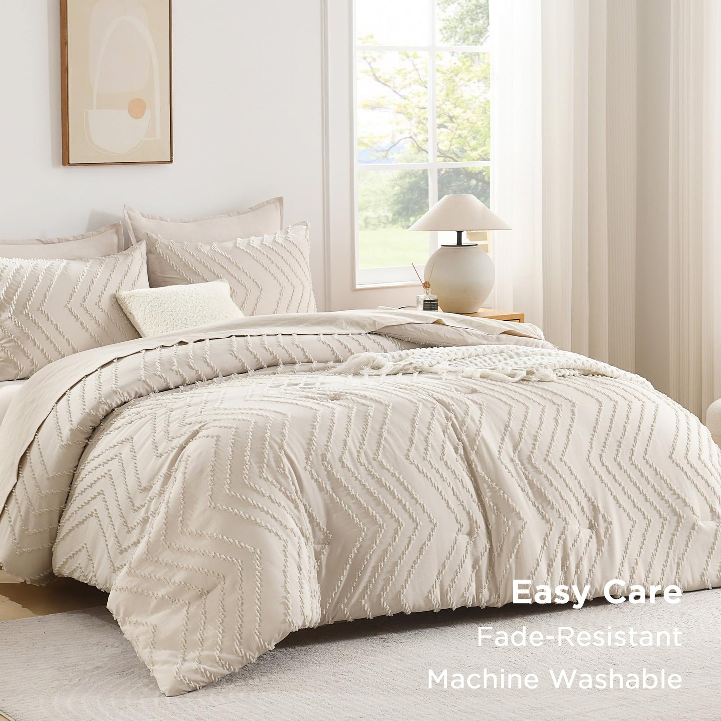 Andency Twin/Twin XL Comforter Set Beige, Twin Bed Comforter for College Dorm Girls Boys Kids Boho Cream Soft Warm Cute Neutral Comforter, 2 Pieces Aesthetic Chevron Bohemian Bedding Set