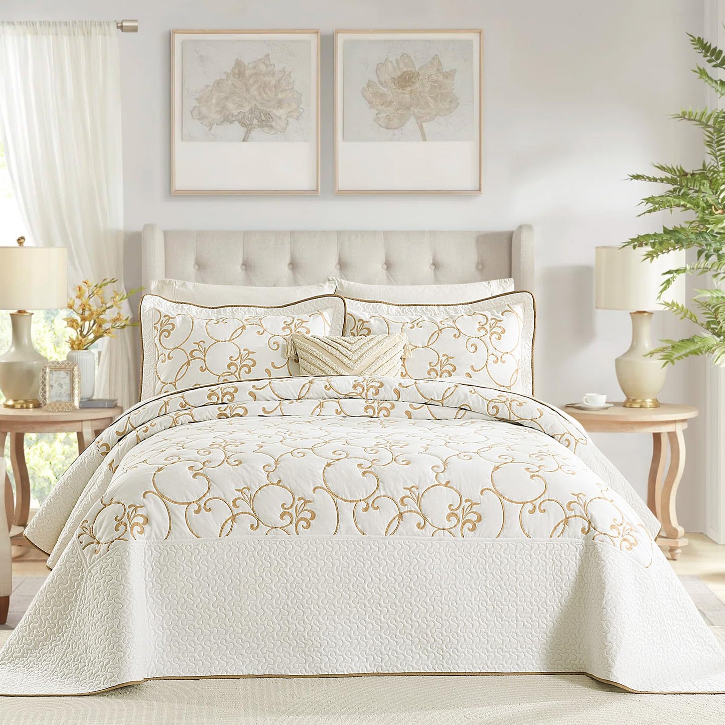 FineStichery 100% Cotton Oversized Bedspread Quilt Coverlet Set, 120"x102" Extra Large Queen Bedspreads with Pillow Shams, Lightweight Embroidered Bedding Cover 3 Piece, Beige/White