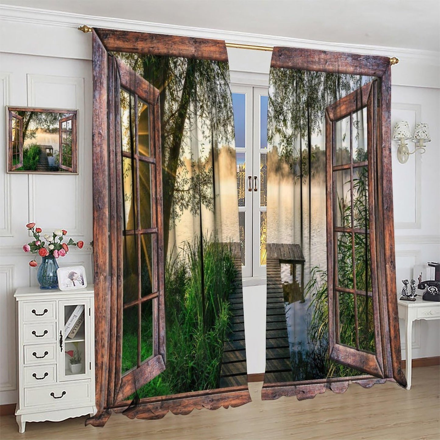 Landscape Scenery Brown Wooden Curtains, Forest Trees Nature Scenery Print Pattern Window Drapes, for Bedroom Living Room 42" W X 45" L (Decorative)