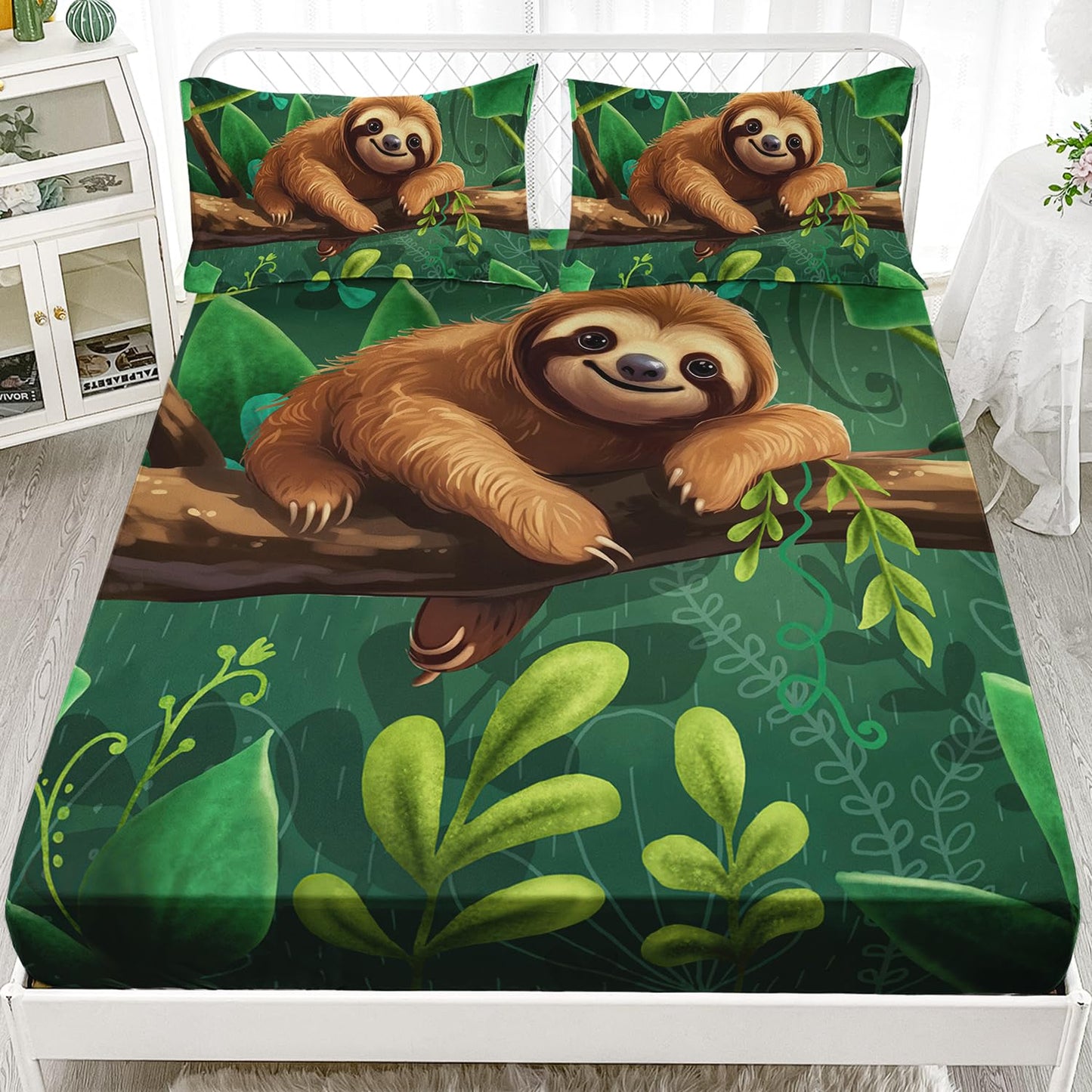 AILONEN Cute Sloth Fitted Sheet Twin Size, Cartoon Sloth on a Branch Bedding Set for Kids Girls Boys,Kawaii Animal Bed Sheet Set,Green Plant Bedsheets Set,1 Fitted Sheet 2 Pillowcases,3 PCS