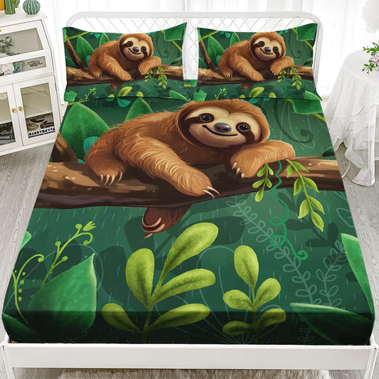 AILONEN Cute Sloth Fitted Sheet Twin Size, Cartoon Sloth on a Branch Bedding Set for Kids Girls Boys,Kawaii Animal Bed Sheet Set,Green Plant Bedsheets Set,1 Fitted Sheet 2 Pillowcases,3 PCS