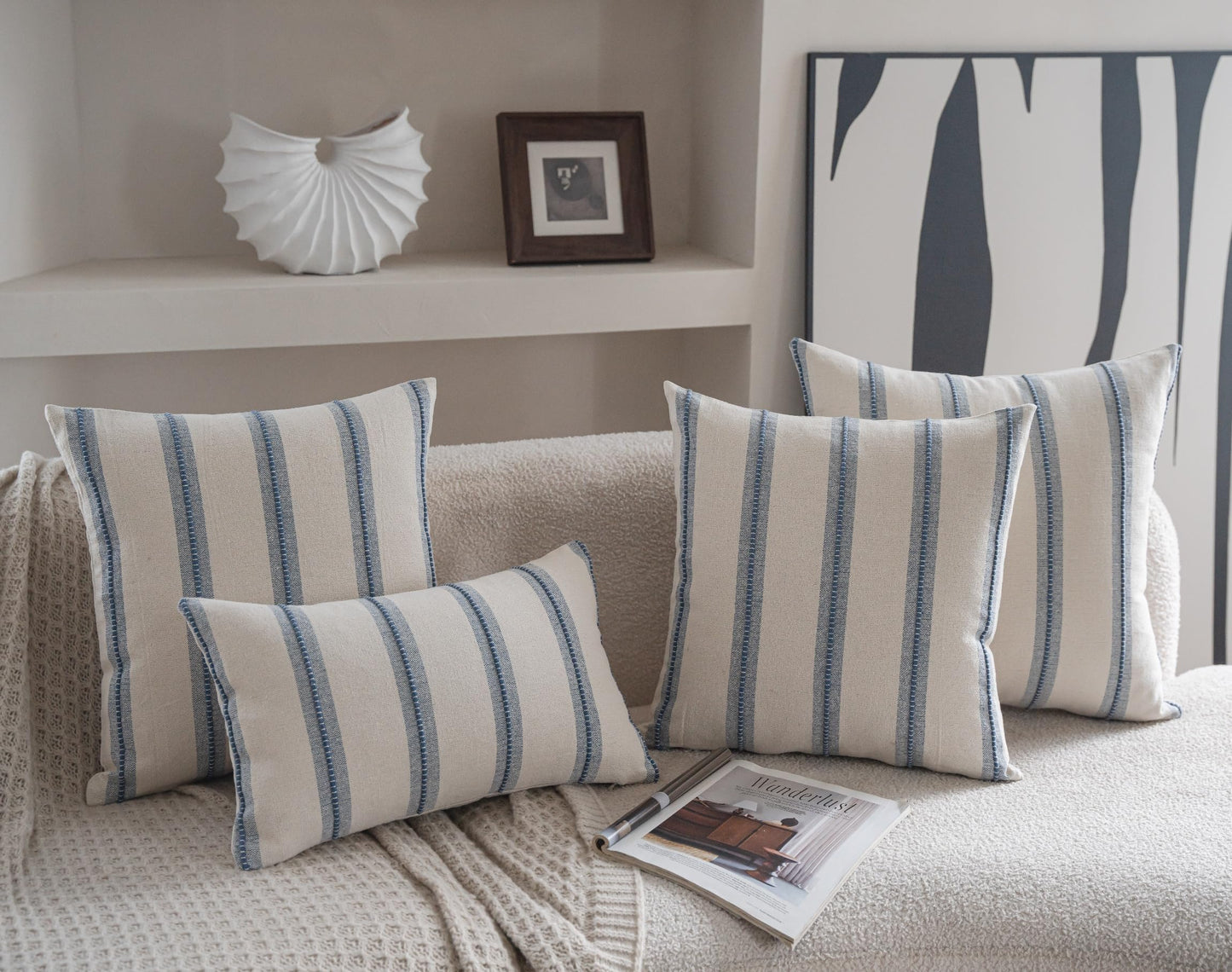 Cethom Boho Throw Pillow Covers 18x18 Set of 2, Beige and Blue Striped Decorative Pillow Cases for Couch Chair Bed, Textured Farmhouse Accent Cushion Covers for Living Room Bedroom Sofa Home Decor