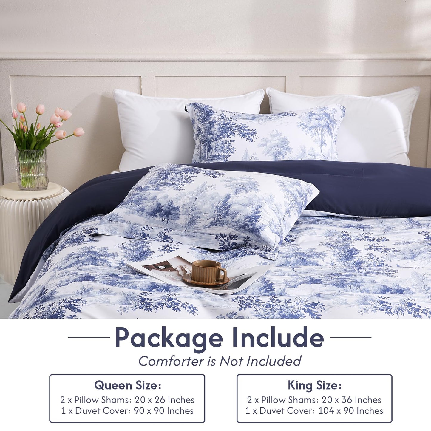 LONAVA Queen Botaincal 3 Pcs Duvet Cover Set, Breathable Soft Microfiber Navy Lining Comforter Cover with Zipper Closure, and 2 Anti-Pilling, Fade Resistant Pillowcases, Blue Forest