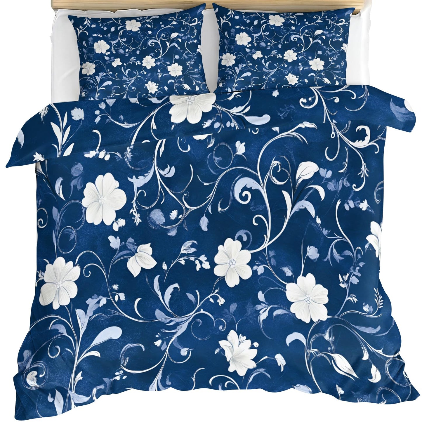 ZAMODE Floral Duvet Cover Oversized King Size, Navy Blue Comforter Cover 120" x 98", Boho Flower Bedding Set with 2 Pillowcases