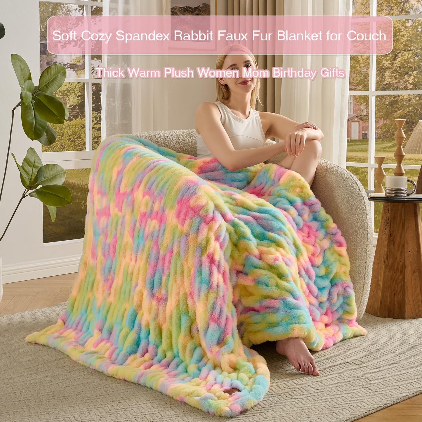 Double Side Faux Fur Throw Blanket,Cozy Soft Fuzzy Fluffy Faux Rabbit Fur Blanket for Couch, Bed, Sofa,Room Decor-Rainbow,50x60 inch