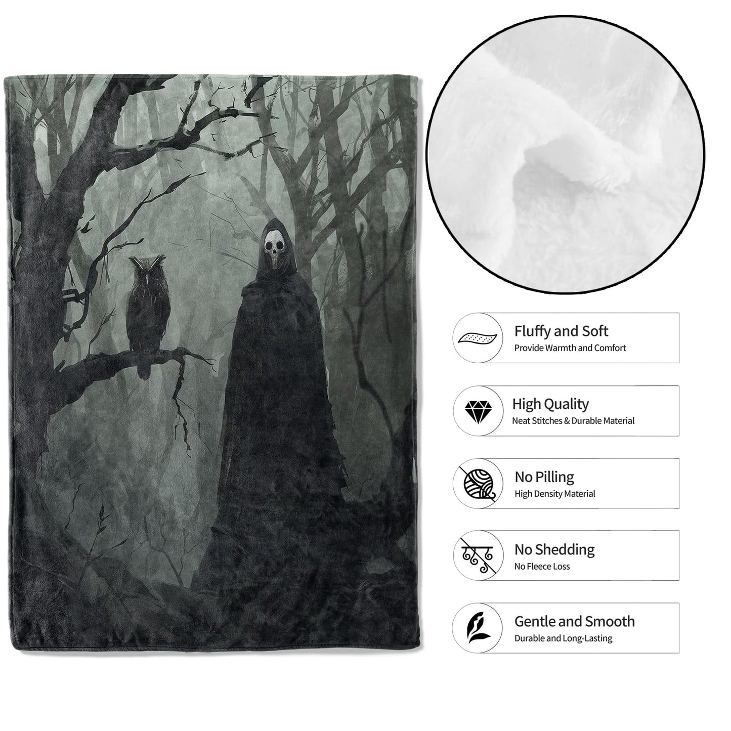 MIEPOS Horror Haunted Forest Gothic Throw Blanket,50x60in,Soft,Lightweight Flannel,Owl and Ghost Black Goth Blankets - Gifts for Adult,for Couch Office Travel,Home Living Room Halloween Decor