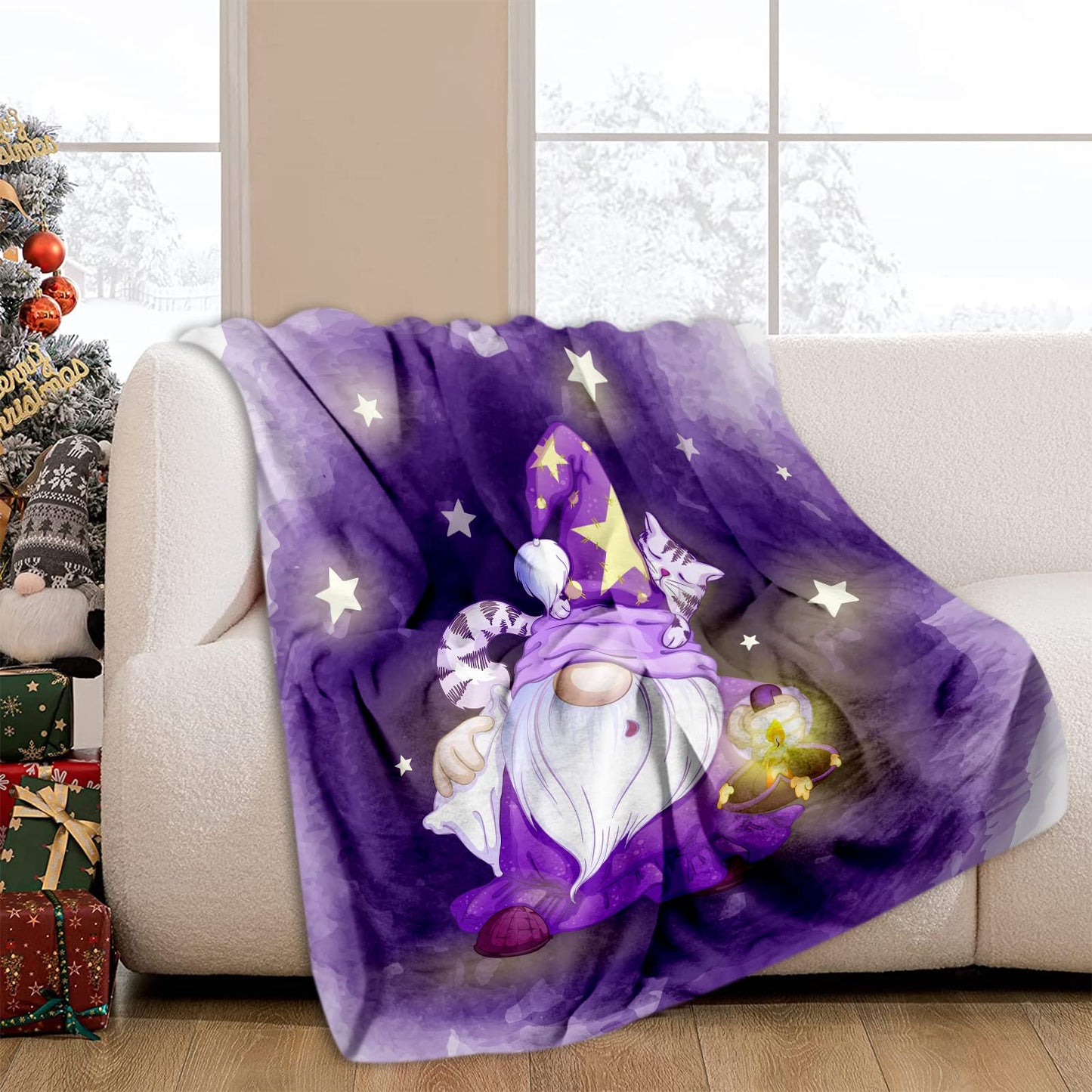 JOOCAR Flannel Bed Blanket Cartoon Sleepy Gnome Purple Cozy&Soft Plush Blankets for Bed Couch Living Room Sofa Chair, 60x80 Inch