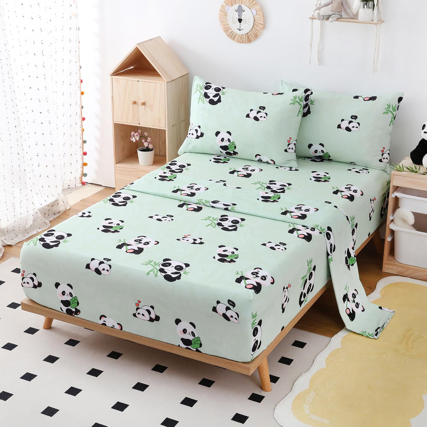 Yibeizi Twin Sheets Set Kids, Sage Green Panda Pattern Microfiber Single Bed Sheets, Cute Soft Oeko-Tex Extra Deep Pocket Sheets & Pillowcases Cooling Hypoallergenic Wrinkle Free Bedsheets