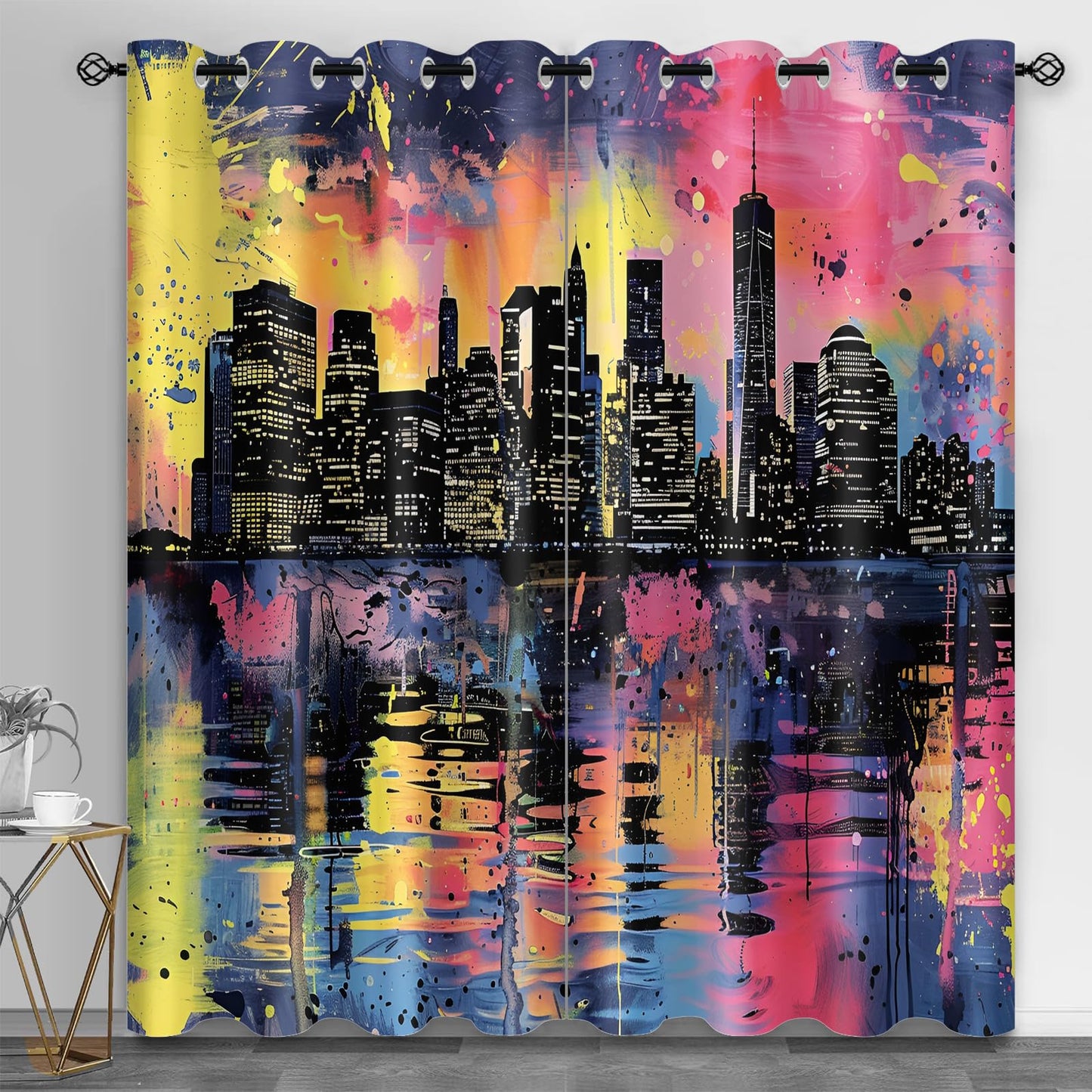 XAFIAUR Urban Architecture Blackout Curtains, Skyline Landscape Printed Drapes, Color Splatter Thermal Insulated Drapes 2 Panels Darkening Window Curtain for Bedroom Living Room 21" W x 63" L x2