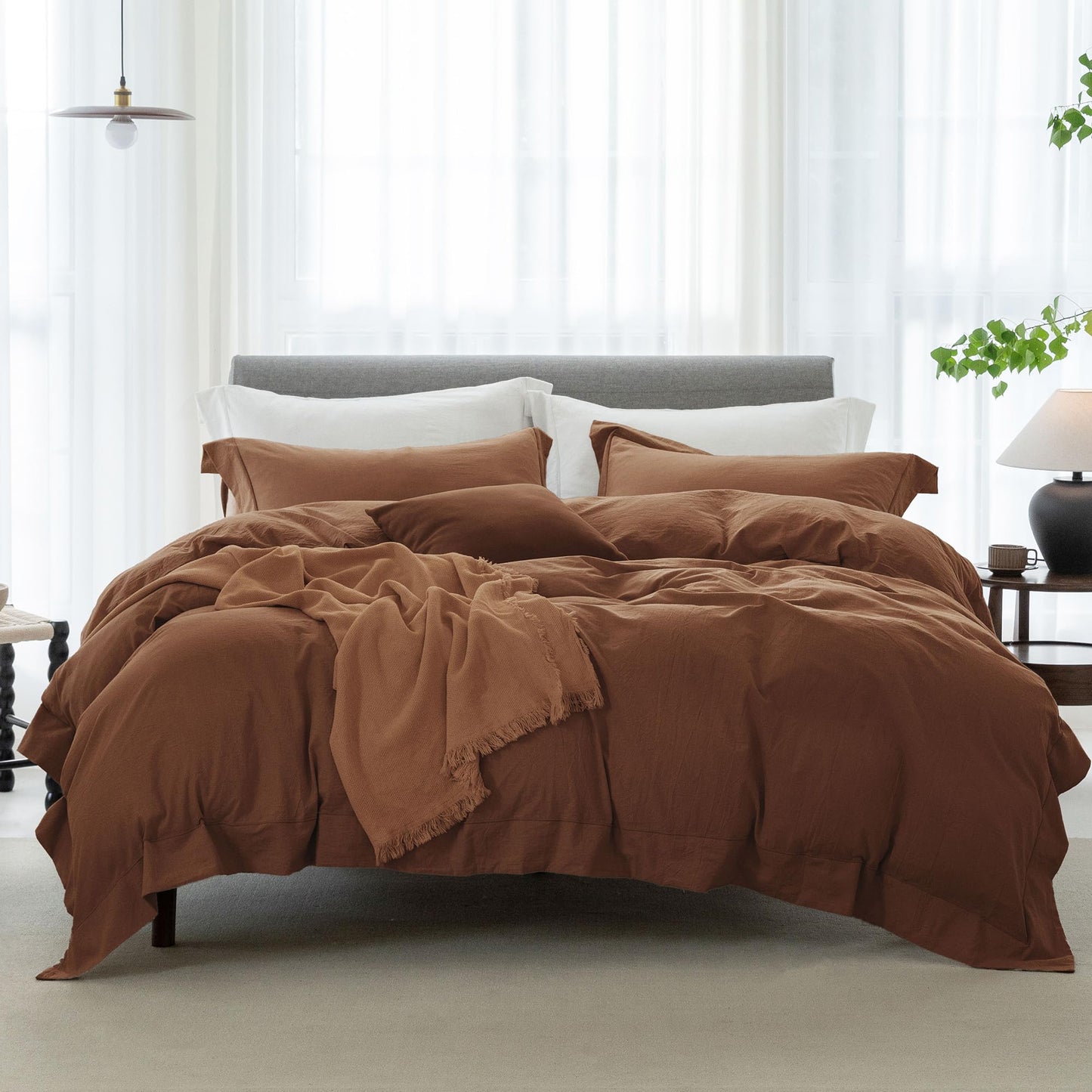ELIMMO Queen Duvet Cover - 3 Piece 100% Washed Cotton Linen Feel Bedding Set, All Season Breathable Cozy, Double Stitched Hem, Hemmed Dark Orange,90"x90"