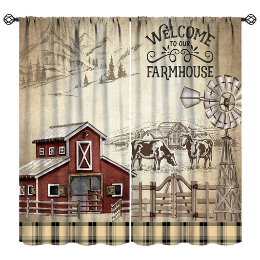 Nitmbi Farmhouse Farm Curtains,Rustic Vintage Country Cow Barn Buffalo Checked Windmill Pattern Drapes Window 2 Panel Rod Pocket Curtain for Bedroom Living Room Decor 20.5" W X 45" L 30%