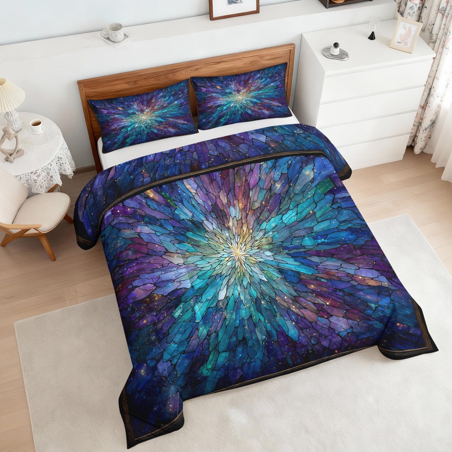 Flumoxa Stained Glass Comforter Full Size, Mandala Psychedelic Floral Comforter Down Alternative All Season Bedding, Stained Glass Bed Set Full with Pillowcase, Bedroom Decor