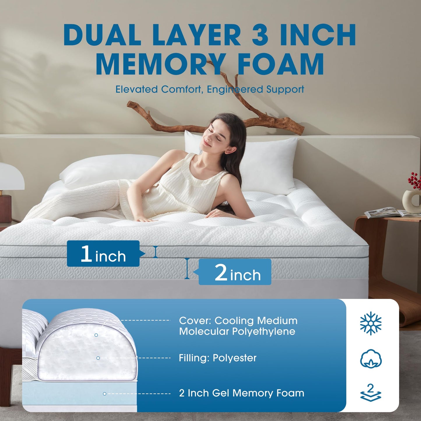 Ninemoon Dual Layer Cooling Memory Foam Mattress Topper Queen Size, 2 Inch Gel Mattress Topper + 1 Inch Pillow Top Mattress Pad, Soft Bed Topper with Deep Pocket 8-21 Inch