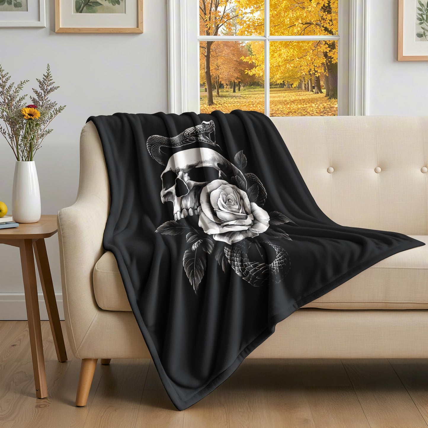 GEDAEUBA Gothic Blanket Soft - Goth Skull Rose Snake Fleece Blanket Throw, Soft Cozy Blankets & Throws for Couch, Bed, and Sofa, 50x60 inches