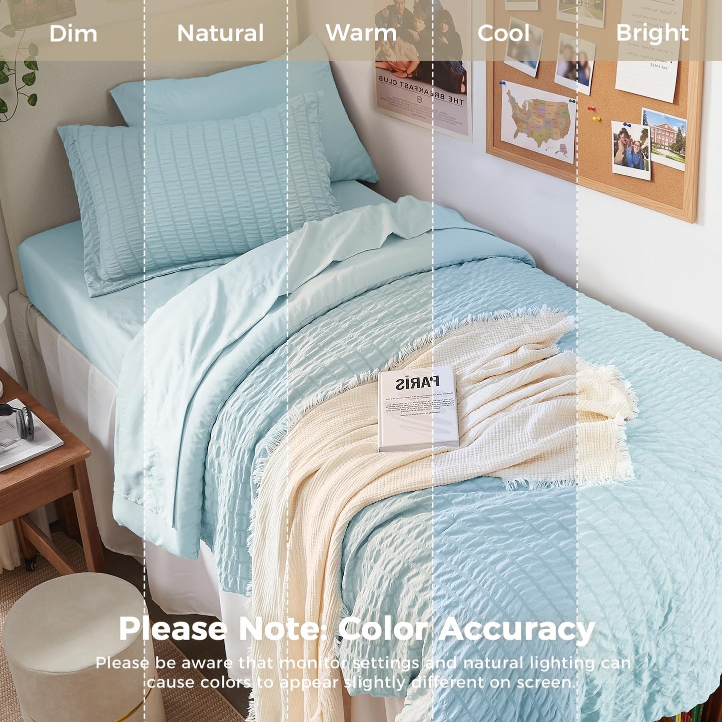 HYMOKEGE Lake Blue Twin Comforter Set Seersucker 5 Pieces, All Season Luxury Bed in a Bag for Bedroom, Bedding Set with Comforters, Sheets, Pillowcase & Shams