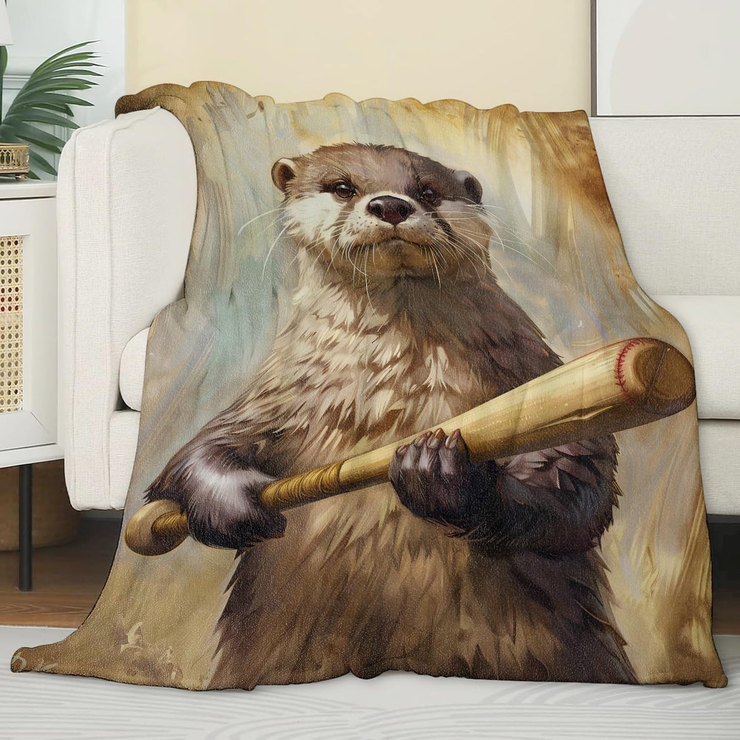 Zeleda Otter Blanket,Gifts for Humor Lovers,Lightweight Flannel Throw Blankets,Cartoon Animal with Baseball Bat Throws Home Decor,for Couch Living Room Office,60x50inch