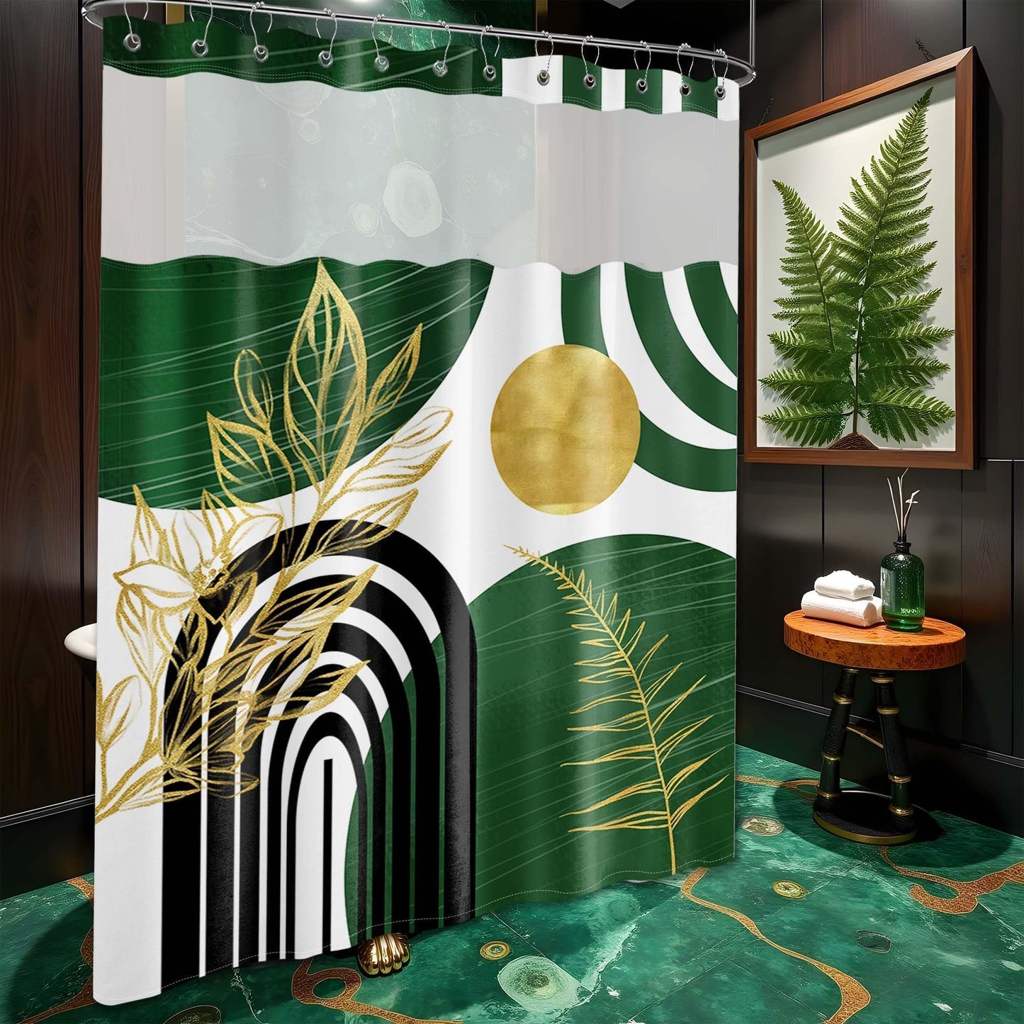 Bxpaitx Olive Green Bohemian See Through Mesh Top Shower Curtain with Window, Emerald Green Mid Century Modern Double Layer Shower Curtains with Snap in Liner, Waterproof Fabric with Hooks, 71x 72 in