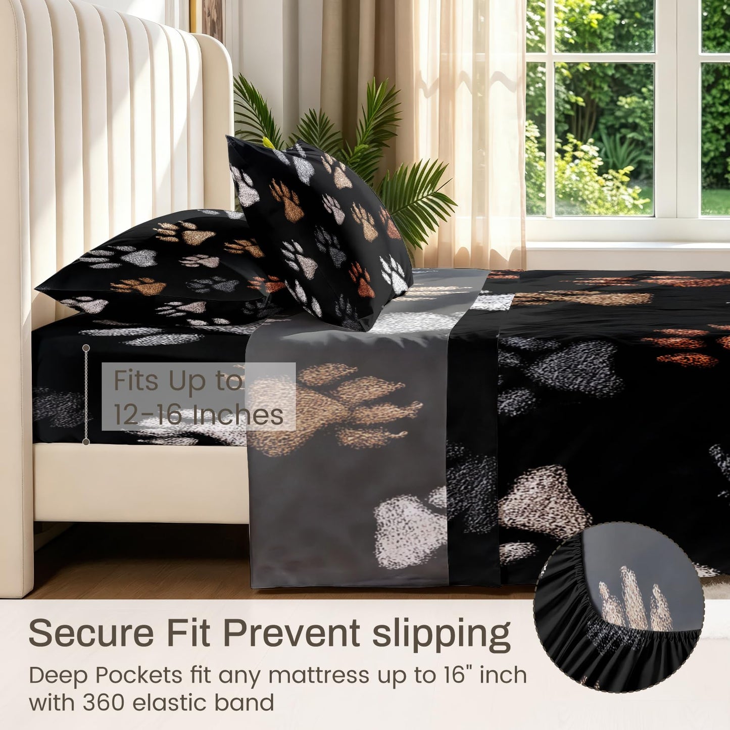 Cat Paw Print King Sheet Set 4 Pcs Dog Paw Bed Sheets, Black