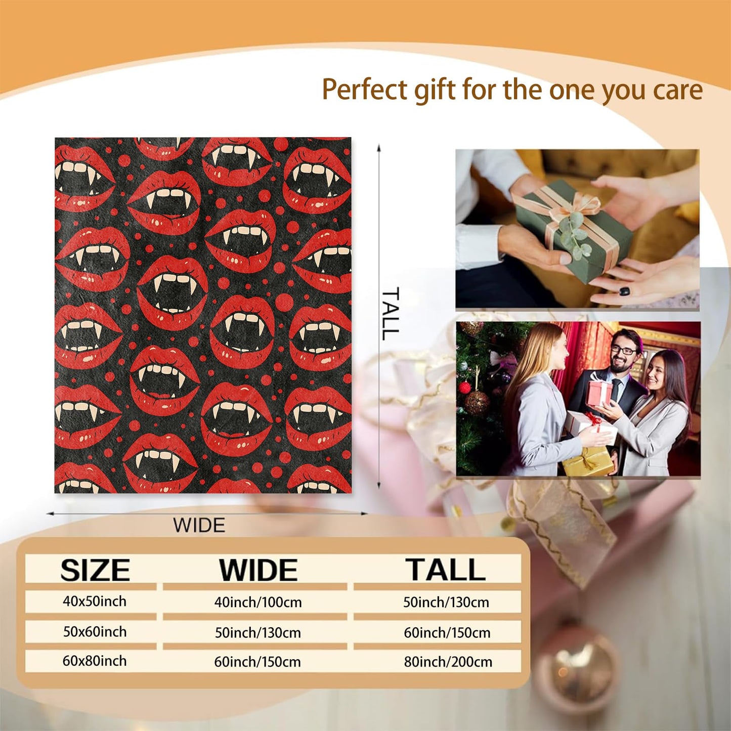 Halloween Horror Gothic Lips Blanket Gifts for Women Girls Kids, Soft Warm Lightweight Flannel Vampire Fangs Throw Blankets for Bedroom Living Room Home Sofa Home Decor 50" x 60"