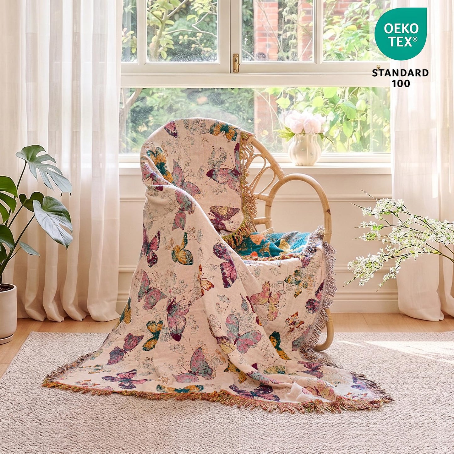 MSGKV Boho Throw Blanket for Bed Cotton Butterfly Twin Size Couch Blanket 60"x80" Muslin Summer Breathable All Seasons Lightweight Farmhouse Blankets