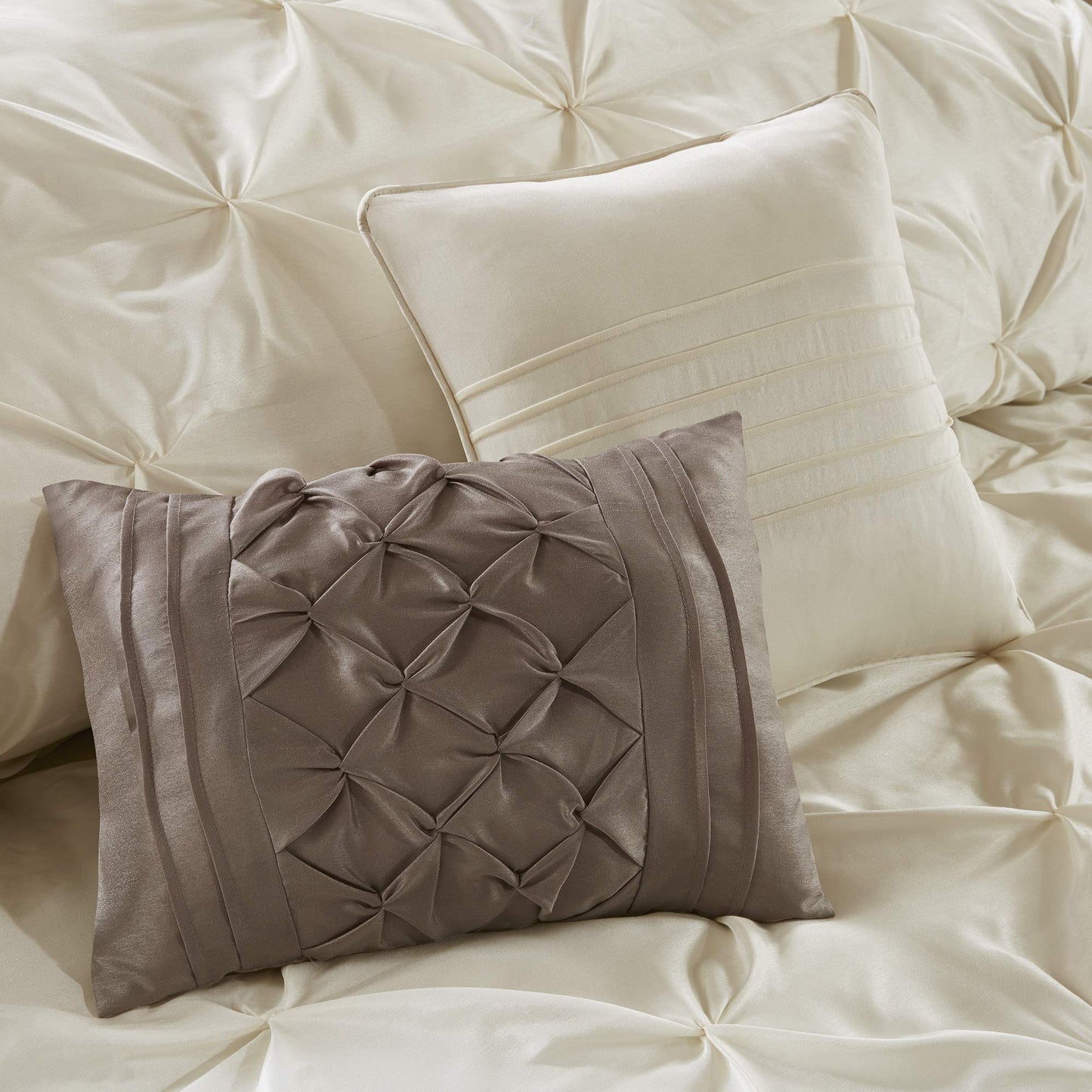 Madison Park Essentials Room in a Bag Faux Silk Comforter Set - Luxe Diamond Tufting All Season Bedding, Matching Curtains, Decorative Pillows, Ivory King(104"x92") 24 Piece