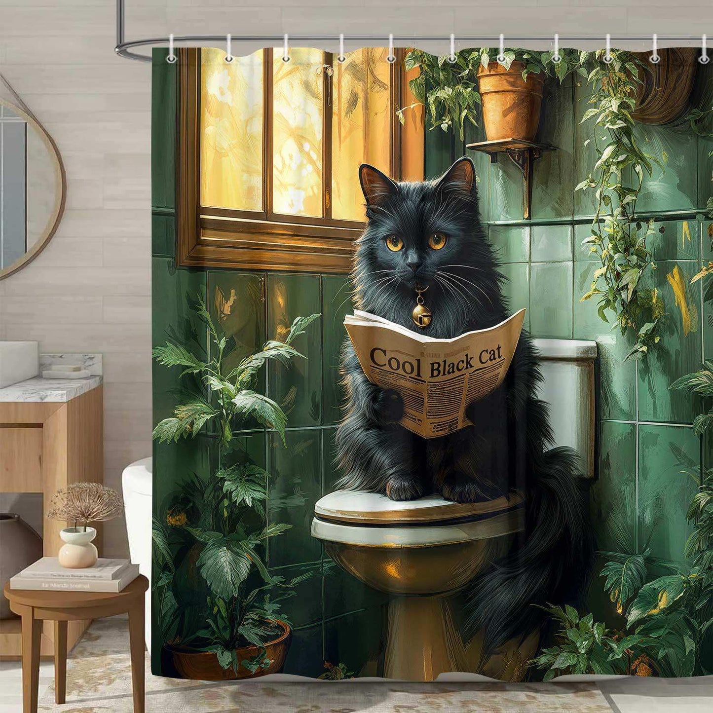 YDIDIAN Funny Black Cat Shower Curtain, Fun Animal Restroom Fabric Shower Curtains for Bathroom, Cat Toilet Reading Newspaper Bath Decor Decorative, with Hooks, 70X70IN