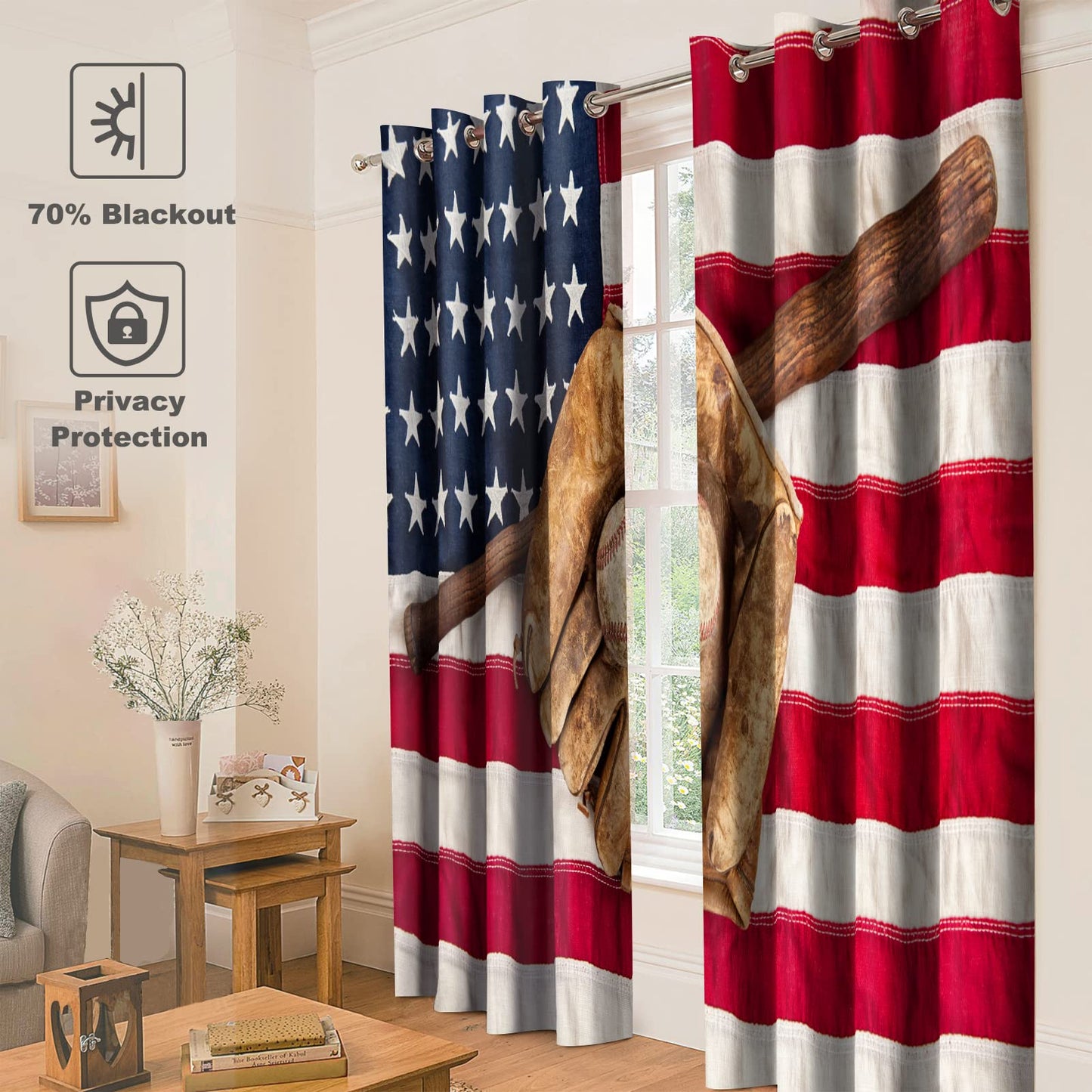Jekeno Baseball Blackout Curtains - American Flag Baseball Bat Softball Ball Sports Theme Grommet Drapes Decor Apartment Home Bedroom Living Room Darkening Window Treatments 2 Panels Set, 52" x 84"