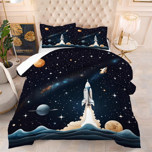 DJNEAR Space Comforter Set Full Size Blue Galaxy Bedding Sets for Kids Boys Girls Teens Adults Bedroom Starry Planet Rocket Quilt 1 Comforter 2 Pillowcases