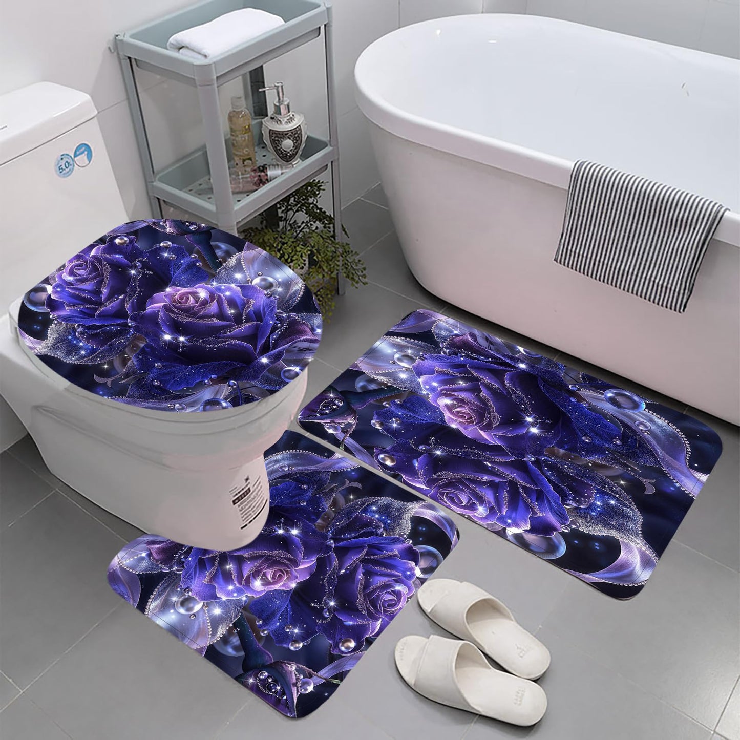 Yddsky 4 PCS Purple Rose Shower Curtain Sets,Black Bathroom Set with Modern Bathroom Curtains Shower Set with Toilet Lid Cover for Women Bathroom Decor Accessories