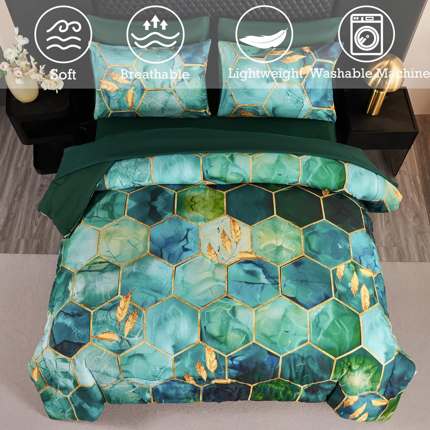 ANGIYUIN 7Pcs Teal Green Marble Comforter Set Full Watercolor Gold Bedding Set Geometric Honeycomb Printed Bed Sets Luxury Gold Leaves Bed in A Bag for Women Men(Full Teal Green)
