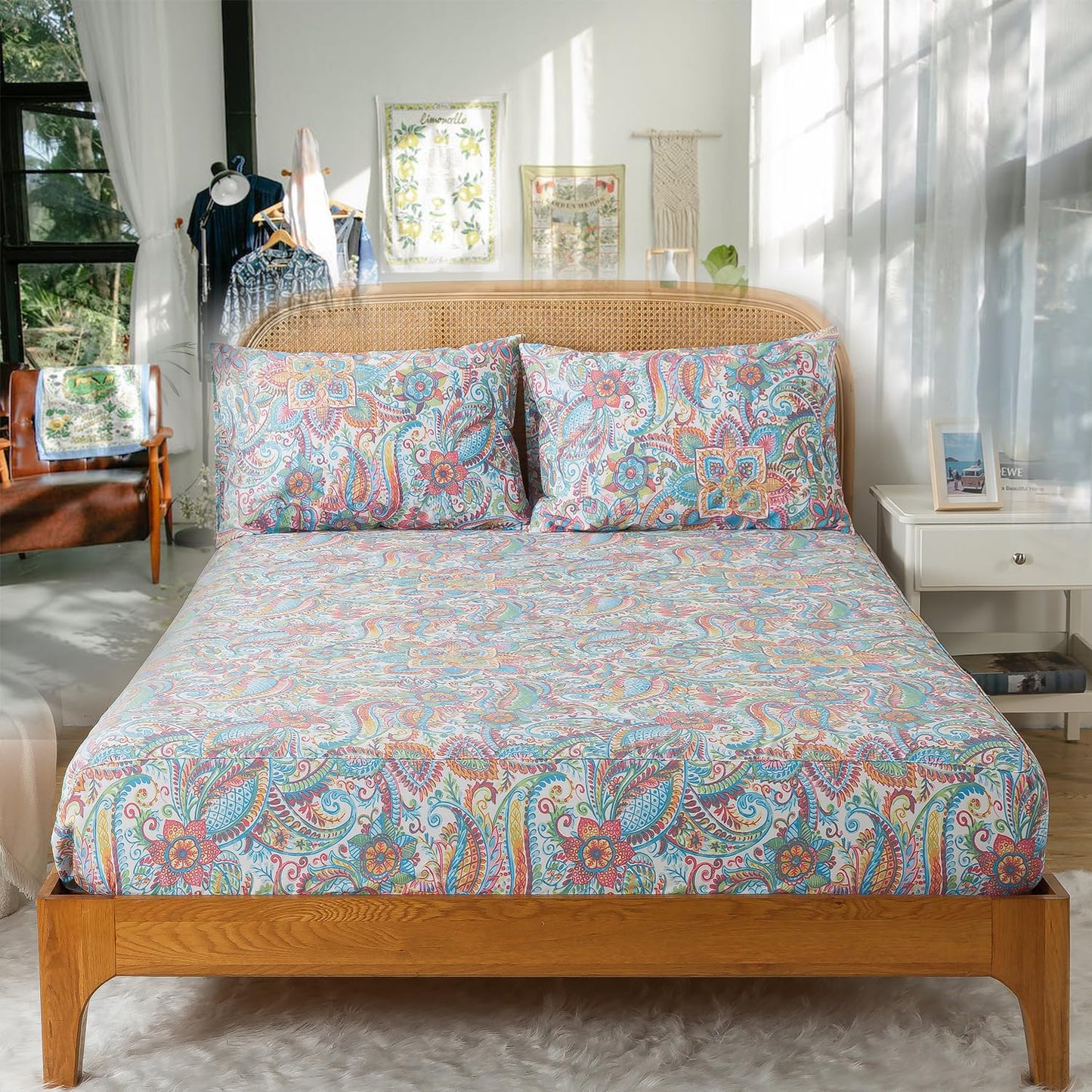 Zusbest Queen Size Bed Sheet Set 100% Cotton Pink Green Paisley Floral Sheets Watercolor Bedding Luxury Soft Breathable Crispy Cooling Percale Sheets 17.5 Inches Deep Pocket Sheets Queen, 4 Pieces