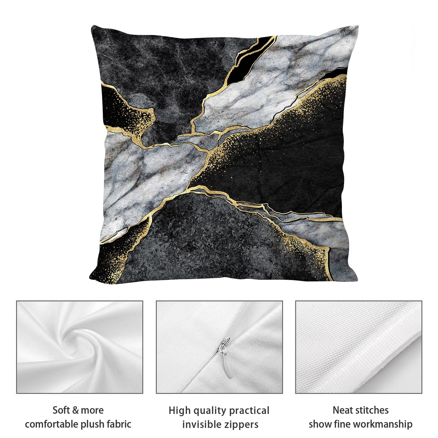 Black Gold Marble Texture Decorative Pillow Covers 18x18 Set of 4, Gold and Black Grey Throw Pillow Cases for Couch Sofa Bedroom Living Room Decor Home Cushion Cover,Black Gold Living Room Decoration