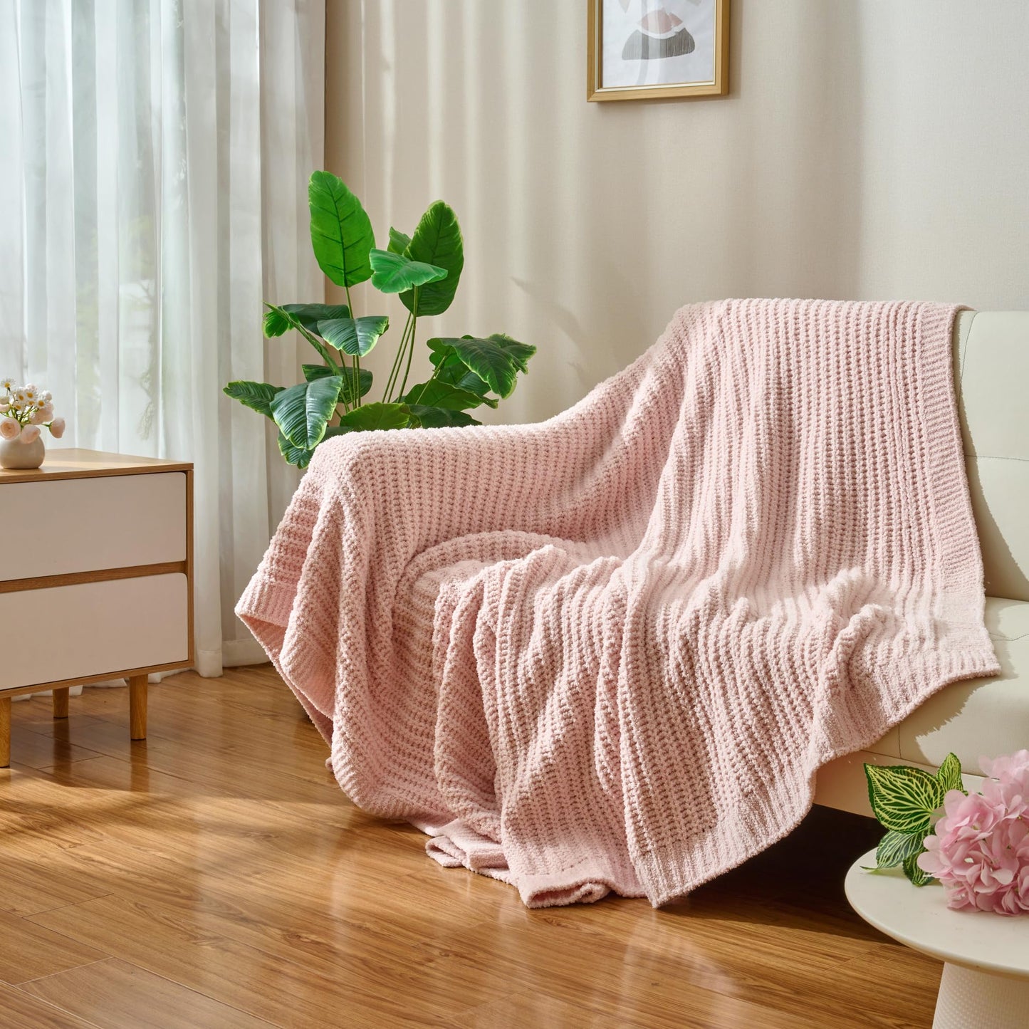 LONG CREATE Striped Throw Blanket for Couch 50"X60", Light Pink Microfiber Knitted Throws 550GSM Super Soft Warm Fuzzy Fluffy Plush Knit Blankets for Bed, Cozy Sofa Chair Living Room Home Decor