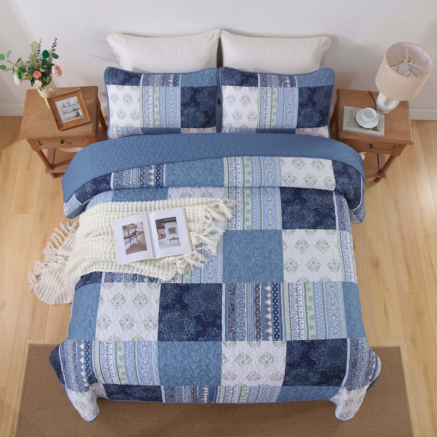 Dintszyayue Blue Patchwork Quilt Set Queen Size,3 Pieces Boho Bedspread Coverlet Set Plaid Bohemian Quilt Bedding Set Reversible Bed Cover Soft Lightweight Coverlet Set (Queen,96"x90")