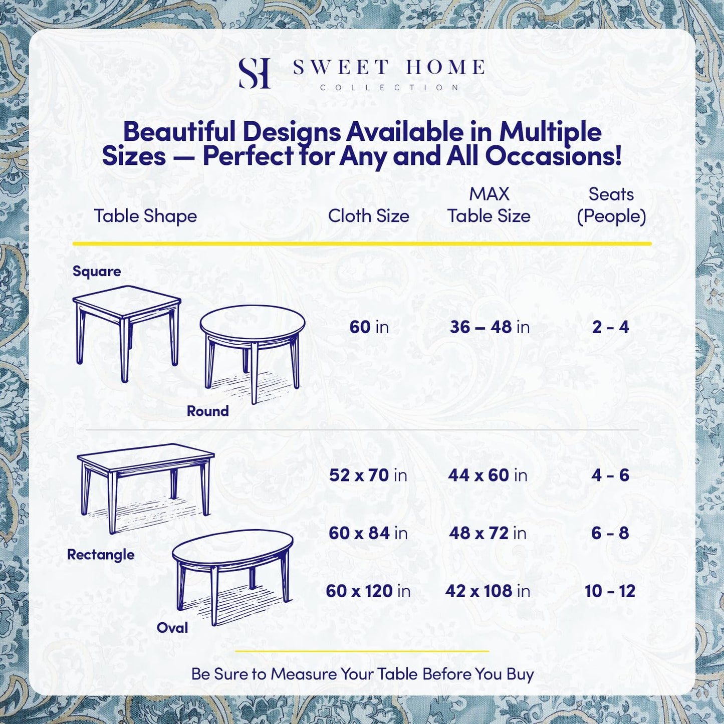 Rectangle Tablecloth 60" x 84" 100% Waterproof Fabric — Wipe-Clean, Tear-Proof Decorative Table Cover for Indoor & Outdoor Dining Elegant Patterns for Kitchens, Dining Rooms, Paisley