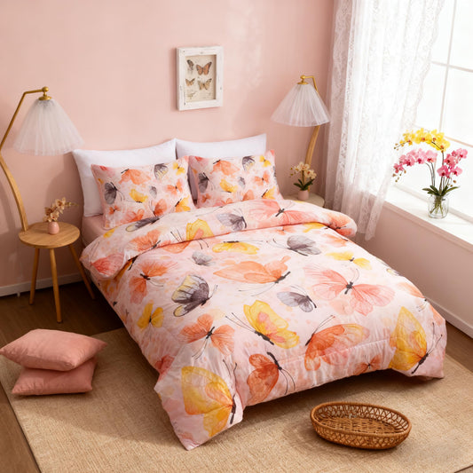 Btargot 3 Piece Butterfly Pattern Girls Comforter Set, Colorful Ink Stick Printing Bedding Set for Women, Orange Full