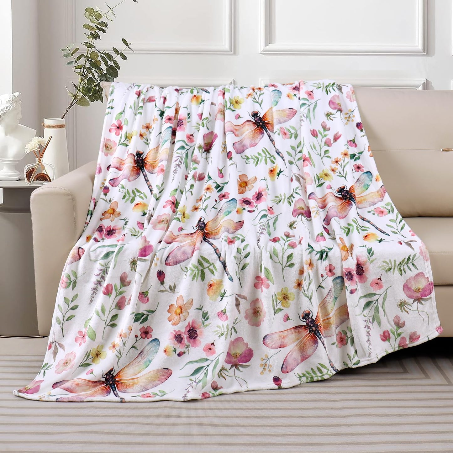 Floral Throw Blanket Flower Plant Bed Blankets Dragonfly Print Blanket Warm Cozy Blankets Super Soft Plush Flannel Fleece Blankets for Couch Bed Sofa 50"x60"