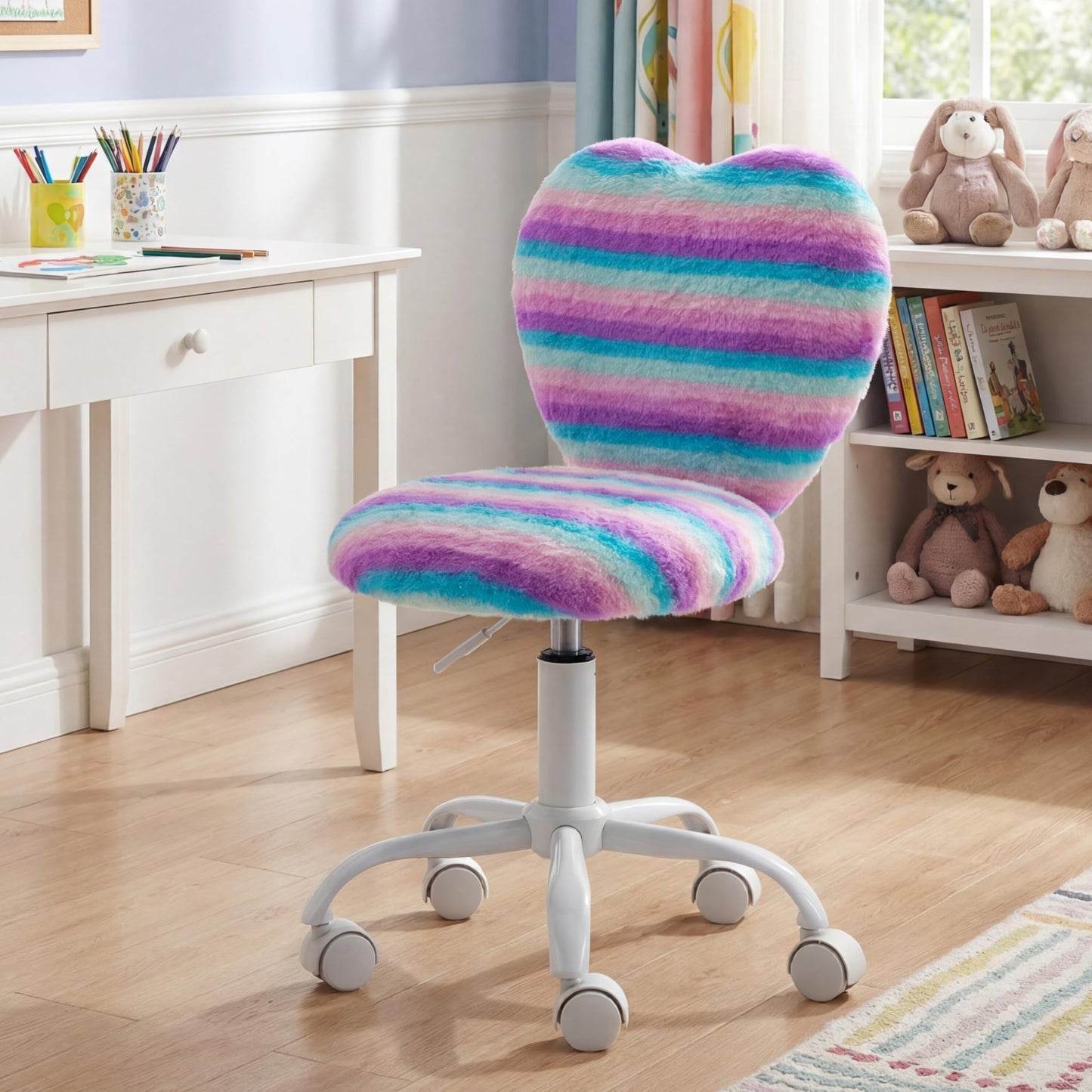 DM Furniture Small Desk Chair Swivel Kids Office Chair Fuzzy Student Computer Task Chair Faux Fur Vanity Chair Cute Heart Chair for Girls Boys Bedroom, Rainbow