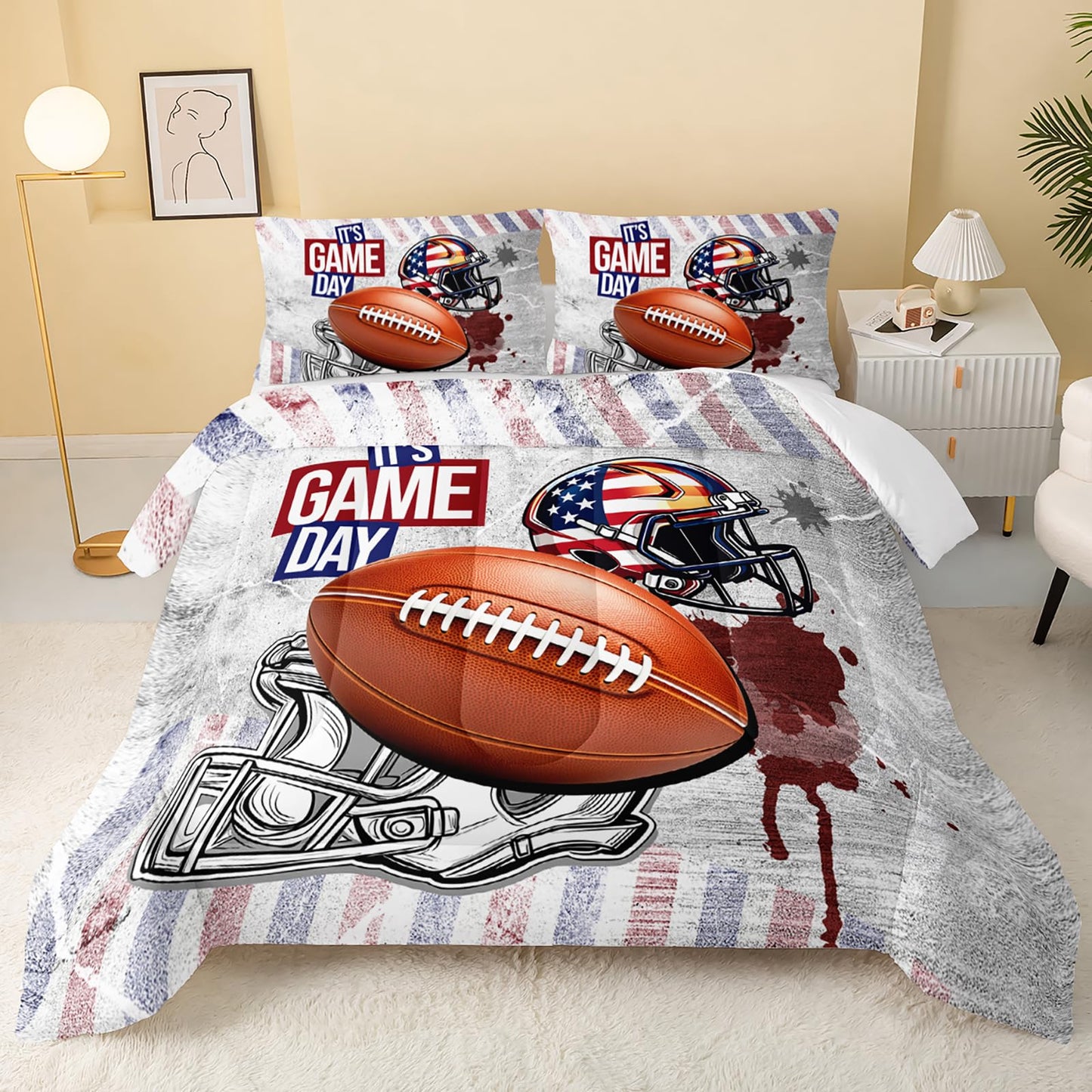 QOOMO Baseball Kids Bedding Set,Cartoon Helmet Print Comforter Set Queen Size for Baseball Fan Room Decorat,Soft Lightweight Bed Set All Season,1 Comforter Set 2 Pillowcases