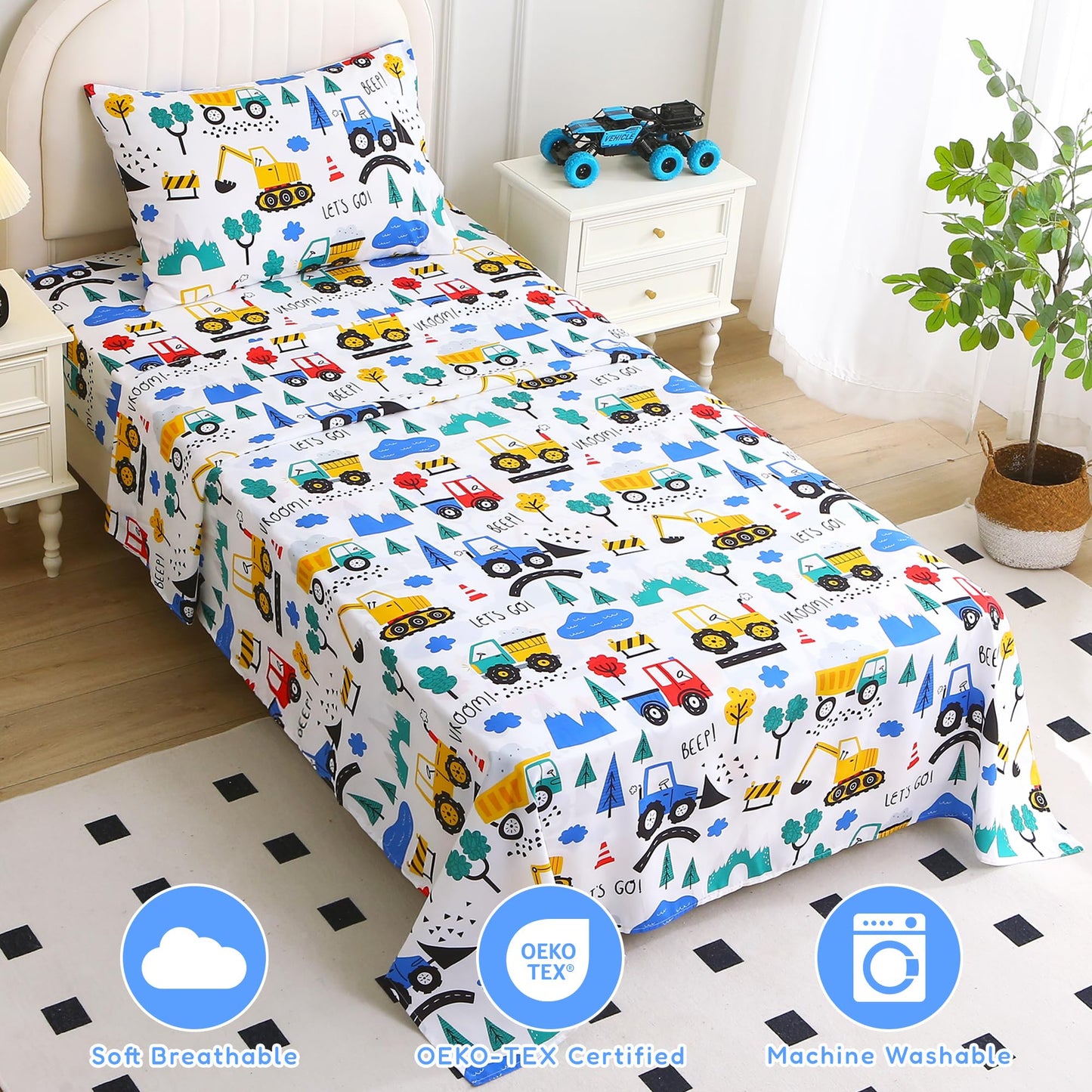 Softan Kids Twin Sheets Set, 3 Piece Construction Truck Bedding Set for Boys, Soft Breathable Microfiber with 15" Deep Pocket, Fitted Flat Sheet & Pillowcase