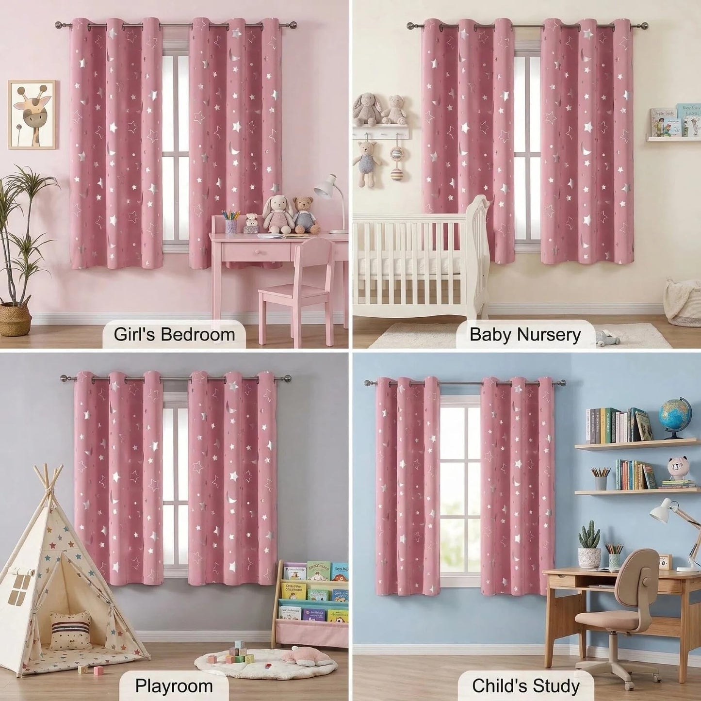 SENEETO Star Moon Kids Blackout Curtains, Pink, 52 x 72 Inch