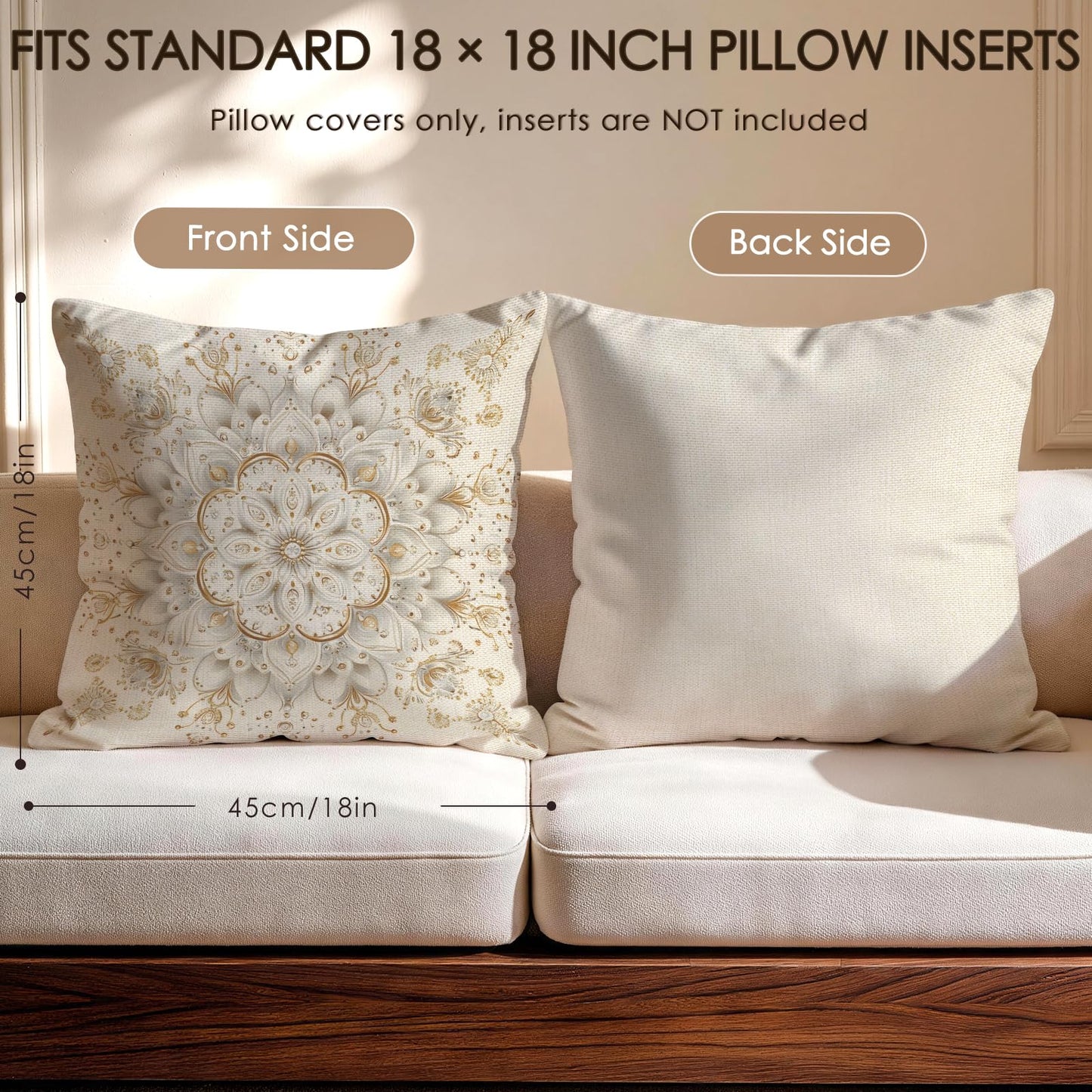 OBSEDE Golden Mandala Decorative Throw Pillow Covers 18x18 Inches Set of 4, Faux Linen Printed Cushion Covers for Couch Sofa Living Room Bedroom Home Decor
