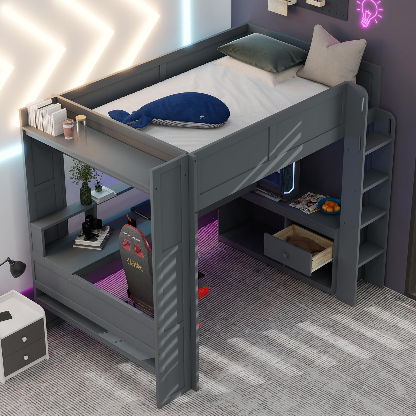 HRJHLucky Full Size Wood Gaming Loft Bed with Desk, Storage Shelves, LED and Charging Station (Full)