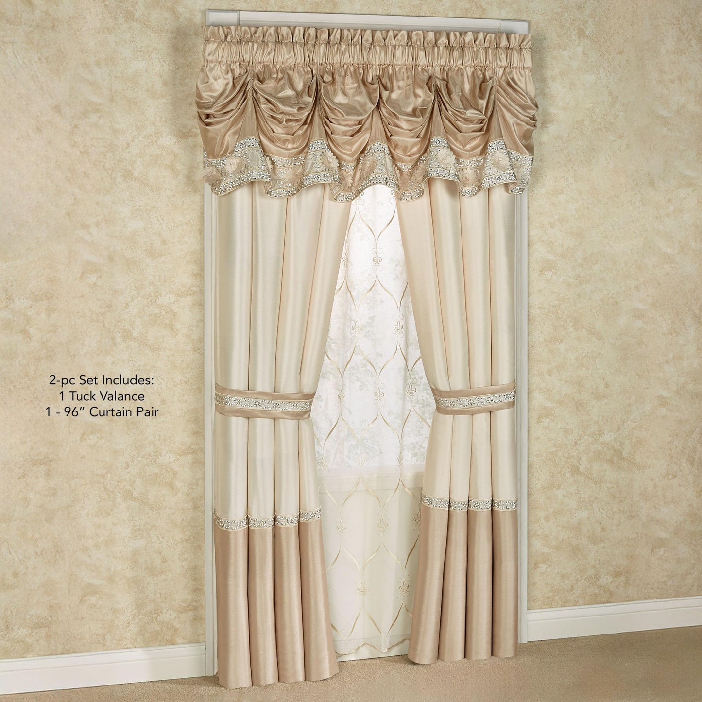 Luxury Elegante Sophisticated Polyester Faux Silk Window Treatment | Light Cream Ivory Metallic Gold | Shimmering Sequins Embroidery Floral | 2 Piece Set with Tuck Valance and 96L Curtain Pair