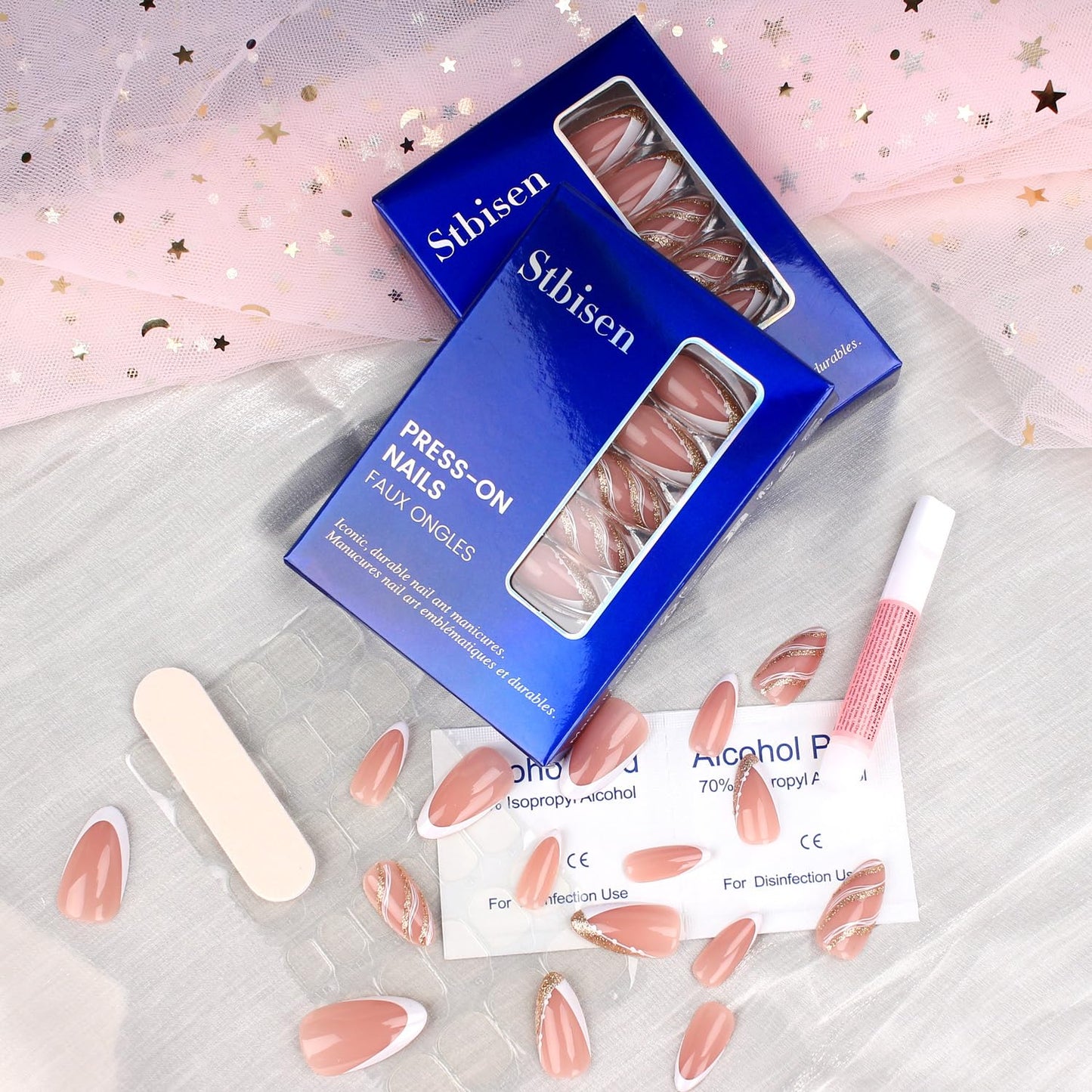 Stbisen French Press On Nails Almond Medium, Nude Fake Nails with White French Tip and Minimalist Gold Line Design, 32Pcs Glossy Acrylic Nails, Natural Reusable Glue On Nails for Women, Luxe Line