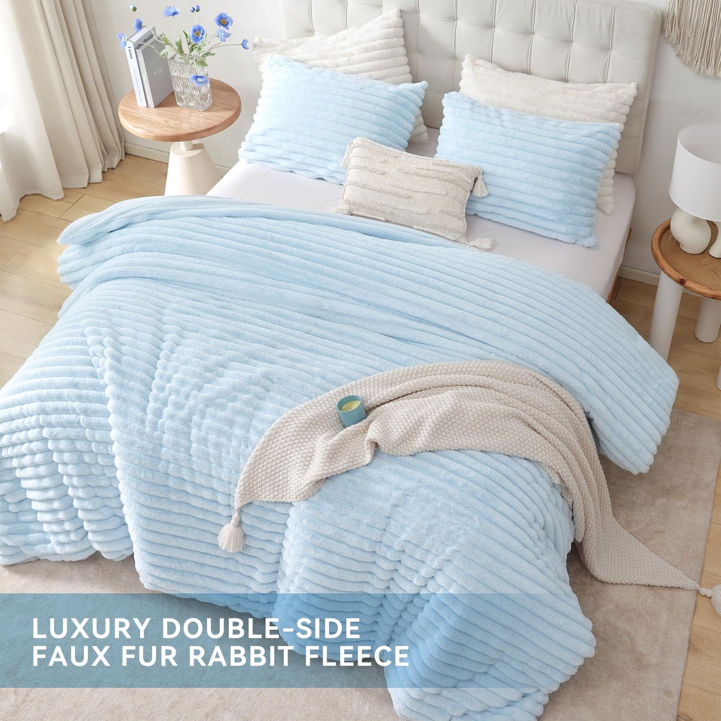 Smoofy Fluffy King Size Comforter Set 3 Pieces - Light Blue Fleece Fluffy Comforter Set, Luxury Fuzzy King Bedding Set, Soft King Bed Set All Season, Heavy Faux Fur Comforter with 2 Pillow Cases
