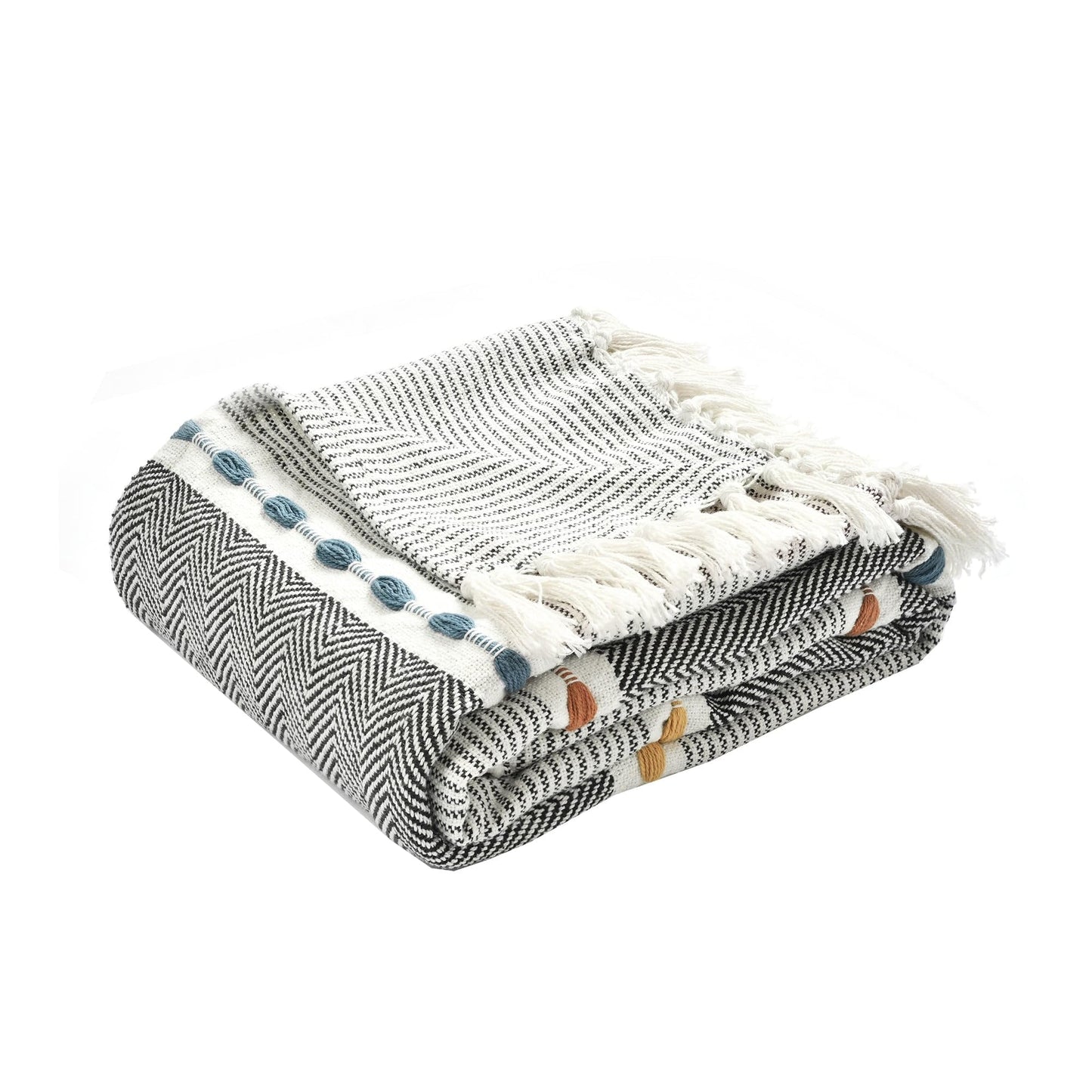 Lush Decor Herringbone Stripe Woven Tassel Yarn Dyed Cotton Throw Blanket 50" W x 60" L Black & Multi - Striped Throw Blankets - Black Couch Blanket