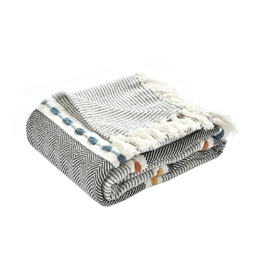 Lush Decor Herringbone Stripe Woven Tassel Yarn Dyed Cotton Throw Blanket 50" W x 60" L Black & Multi - Striped Throw Blankets - Black Couch Blanket