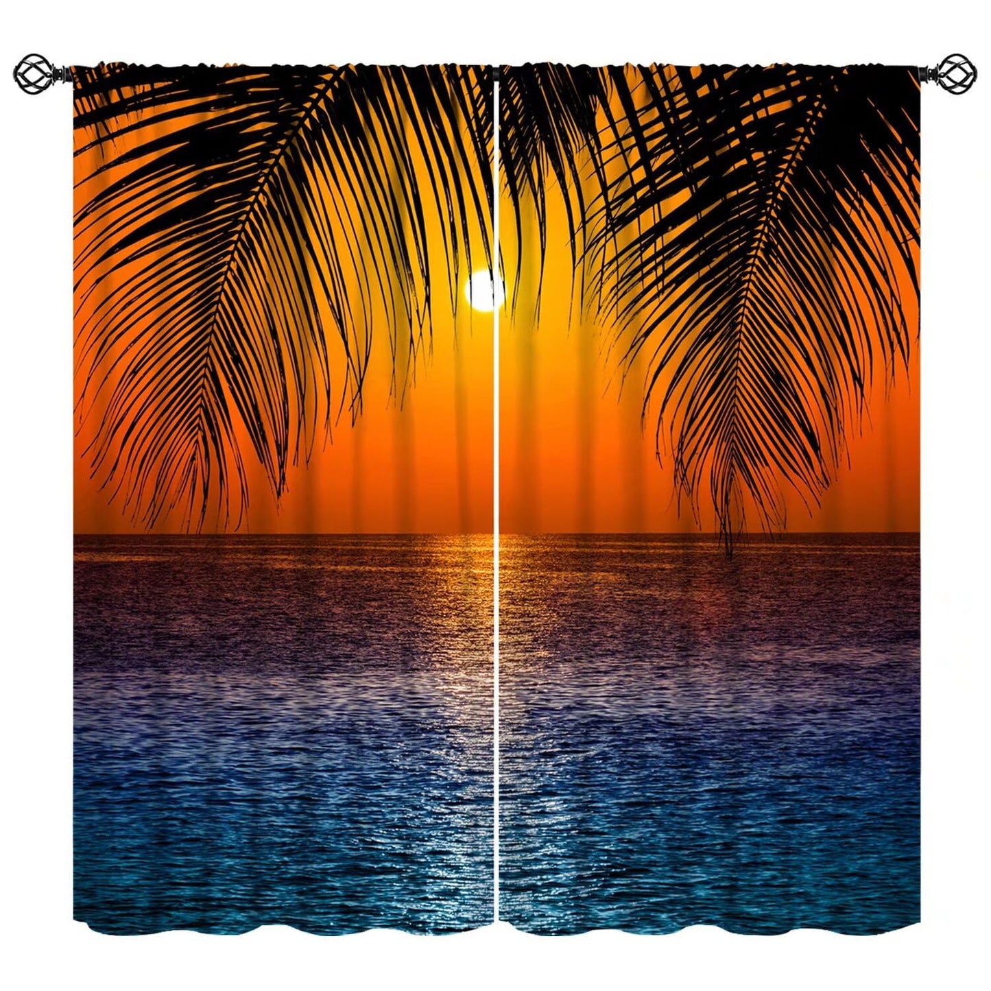JADERYS Ocean Blackout Curtains Tropical Palm Trees Blue Sea Wave Sunset Orange Sky Seascape Art Print for Kids Girls Boys Bedroom Living Room Rod Pocket Decoration Window Drapes 2 Panels W21xL45in