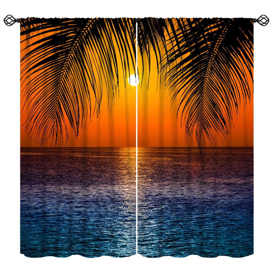 JADERYS Ocean Blackout Curtains Tropical Palm Trees Blue Sea Wave Sunset Orange Sky Seascape Art Print for Kids Girls Boys Bedroom Living Room Rod Pocket Decoration Window Drapes 2 Panels W21xL45in